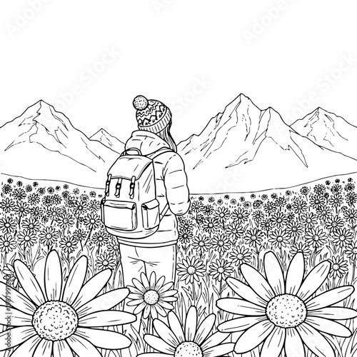 Detailed outdoor adventure scene of traveler in wildflower meadow ideal for coloring book nature therapy travel poster and mindful activity