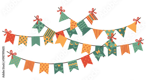 Festive arrangement of colorful triangular bunting flags with various patterns hanging on strings to create a cheerful atmosphere for parties and events.
