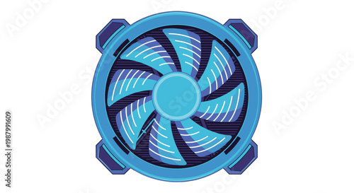 Computer cooling fan unit with blue blades and frame shown in a detailed flat graphic illustration for technology concepts.