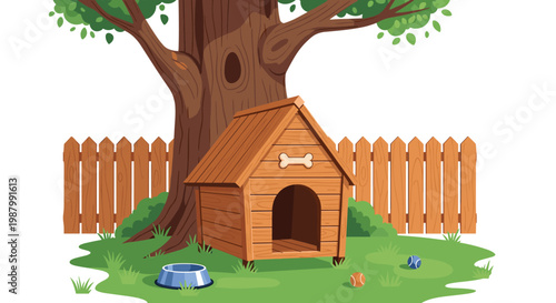 Charming wooden dog house situated in a lush green backyard under a large shade tree with a wooden fence and pet accessories like a bowl and balls.