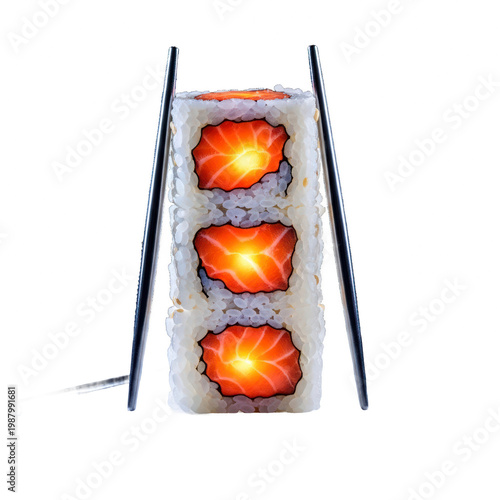 Wallpaper Mural Three glowing salmon sushi rolls with chopsticks on black Torontodigital.ca