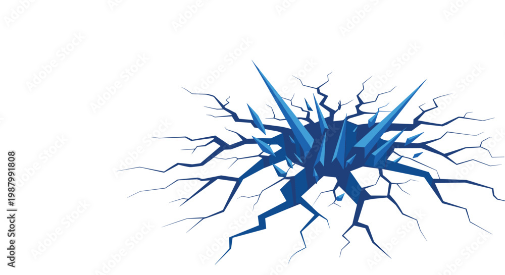 Fototapeta premium Dramatic illustration of a cracked ice surface with sharp blue shards protruding from a dark hole, symbolizing danger and extreme arctic environments.