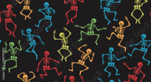 Fun and vibrant seamless pattern featuring various colored skeletons in dynamic dancing poses set against a solid dark background for festive themes.