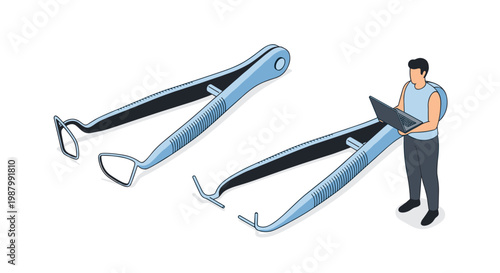 Professional man using a laptop standing next to large medical tweezers in a clean isometric vector illustration.