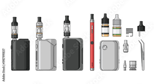 Comprehensive collection of electronic cigarette devices, vaping mods, e-liquid bottles, and various maintenance tools for vaping enthusiasts and retailers.