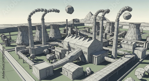 Industrial factory complex with smoking chimneys and geometric shapes.