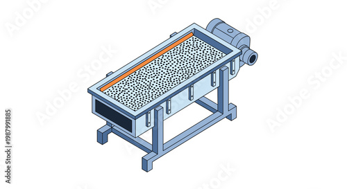 Industrial vibrating shaker or sieve machine used for processing materials shown in a detailed isometric illustration.