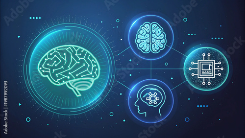 AI & TECHNOLOGY ICONS Futuristic Brain and Chip Illustrations Symbolizing Artificial Intelligence, Machine Learning, and Digital Innovation in Modern Computing