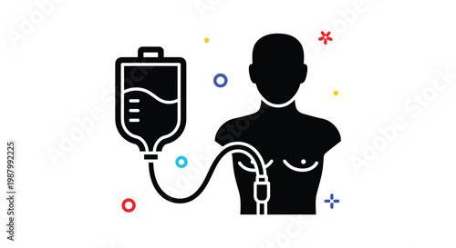 Silhouette of a human torso receiving medical treatment via an intravenous IV drip bag and tube system illustration.