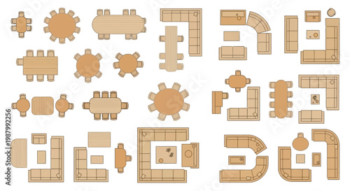 An aerial view displaying various wooden furniture arrangements including tables sofas and sectional layouts