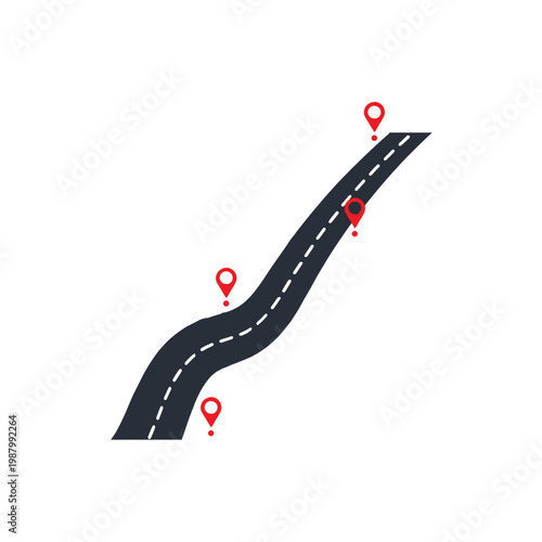 A winding road map with location pins on Transportation Travel