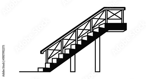 Modern outdoor metal staircase with a handrail and multiple steps shown in a clean black silhouette style design.