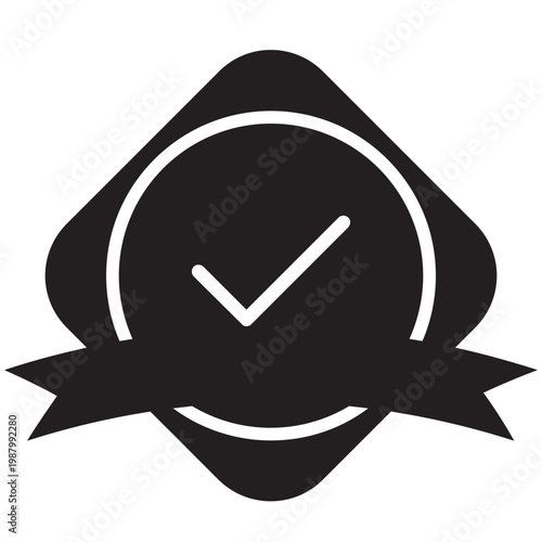 Black verified checkmark symbol on ribbon graphic