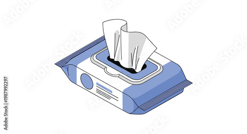 Portable pack of wet wipes or facial tissues shown with a few sheets pulled out in a clean isometric illustration.