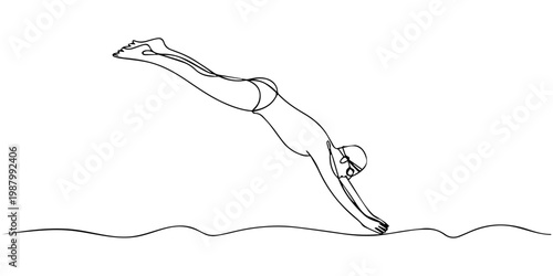 swimming man continuous one line drawing, Single continuous line drawing of young happy professional swimmer man focus training in gym swimming pool center. Healthy lifestyle concept. Trendy one line