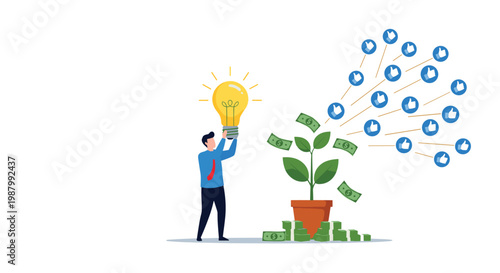 Concept illustration of a businessman using a lightbulb to grow a plant that produces currency and social media likes, symbolizing successful ideas.