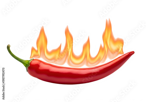 Vibrant red chili pepper with flames rising behind it isolated on transparent background
