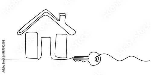 Continuous One Line Drawing of House Key and Keychain, House and key connected by continuous line drawing. No editable stroke, one line art drawing of a house with a key, Set of keys against white