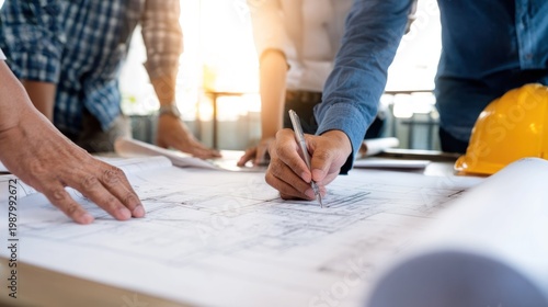 Individuals collaboratively review and annotate architectural blueprints at a work table