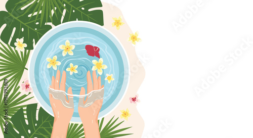 Top-down view of a person's hands being pampered in a bowl of water filled with frangipani flowers, surrounded by tropical leaves for a spa theme.