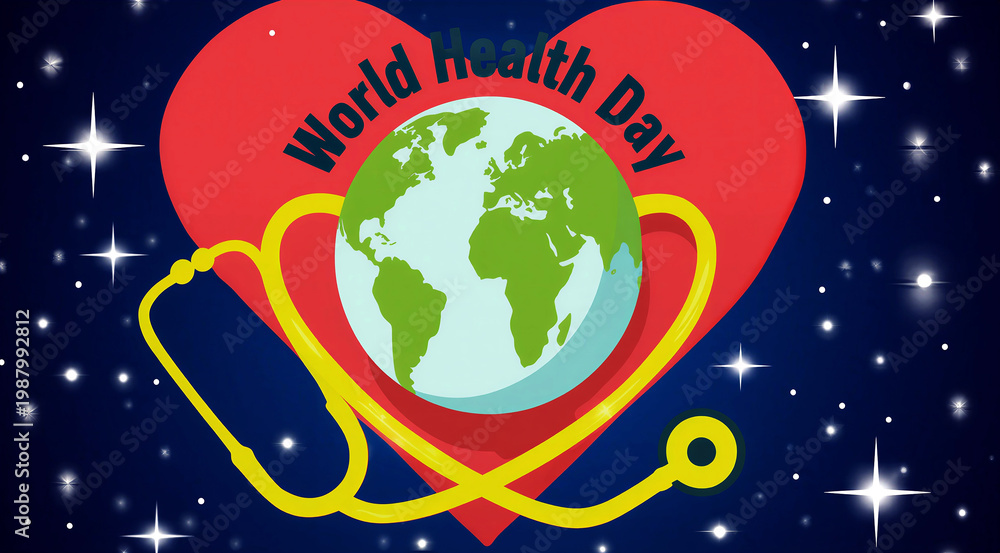 Fototapeta premium Colorful world health day celebration design with globe and stethoscope in heart shape illustration