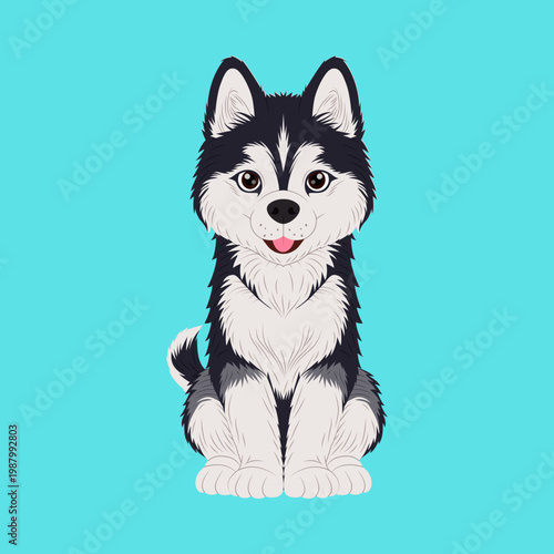 Cute Siberian Husky Puppy Illustration - Kawaii Dog Cartoon on Blue Background