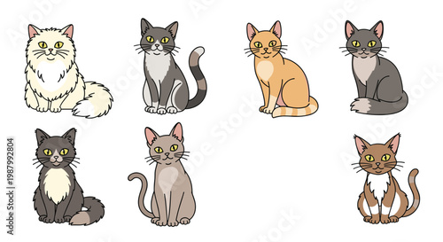 Collection of cute cartoon cats with diverse coat colors and patterns such as tabby, calico, and solid grey on white background.