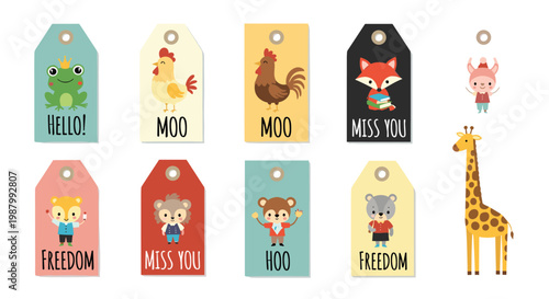 Set of adorable animal gift tags featuring characters like a frog, rooster, fox, and giraffe with sweet messages on colorful backgrounds.