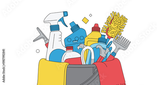 Collection of various colorful cleaning supplies including spray bottles, brushes, and sponges in a grey plastic bucket.