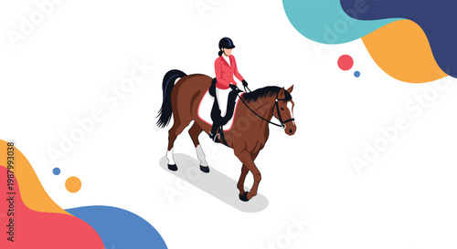 Isometric illustration of a female equestrian in formal riding attire galloping on a brown horse against a white background.