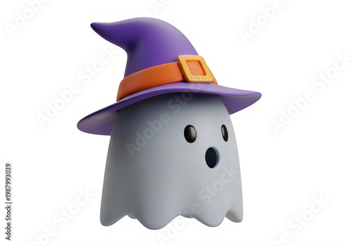 A cute ghost wearing a purple witch hat with orange belt isolated on transparent background