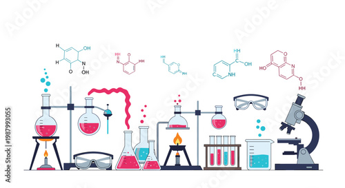 Detailed illustration of a chemistry laboratory setup with flasks, test tubes, microscope, and molecular structures on a white background.
