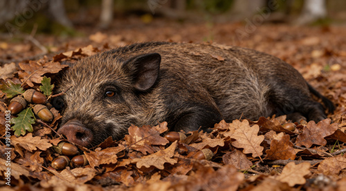 Yong wild boar on oak leaves 