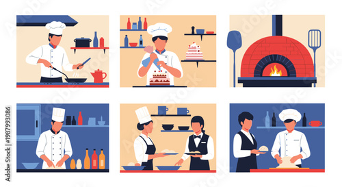 Dynamic scenes of professional chefs in uniform cooking, baking, preparing pizza dough, and using a traditional wood-fired oven.