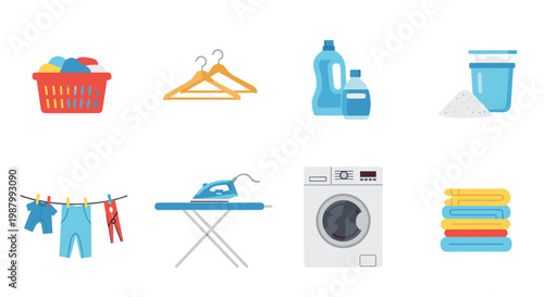 Essential laundry day icons including a washing machine, iron, ironing board, laundry basket, detergent, and clothes on a line.