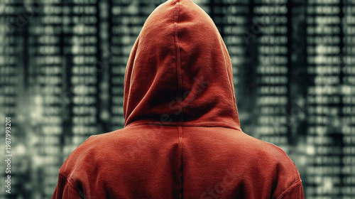 Faceless Hacker in Dark Hoodie Facing Data Wall Threat Concept
