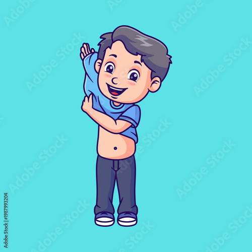 Cute Little Boy Putting on a Blue T-Shirt Cartoon Illustration, Happy Child Getting Dressed Character for Morning Routine and Kids Education