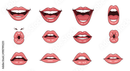 Collection of human mouth and lip illustrations showing various expressions such as smiling, laughing, whistling, and pouting.