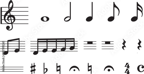 Music Notes and Symbols Icon Set, Musical Theory Notation Elements Collection
