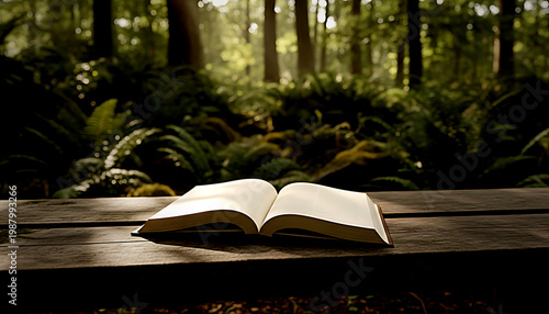 Open blank poetry book on rustic wooden table in serene forest with lush greenery and soft sunlight filtering through trees