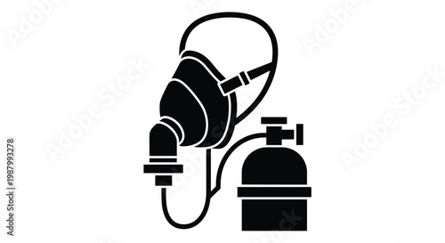 Black silhouette icon of a medical oxygen mask connected to a portable tank for emergency breathing assistance.