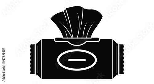 Black silhouette icon of a pack of wet wipes or facial tissues with one individual sheet being pulled out for hygiene use.
