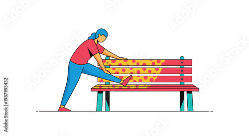 Vector illustration of a woman in sportswear performing leg stretches using a park bench for support outdoors.