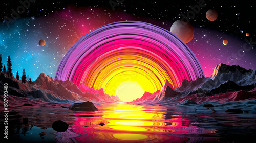 Neon Sunset over Alien Landscape with Mountains and Water Reflection