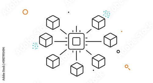 Technical graphic showing a central processing unit connected to several cubes representing blockchain technology.