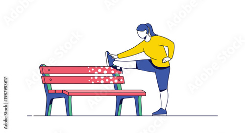 Vector illustration of a woman in athletic wear performing leg stretches on a park bench during outdoor exercise.