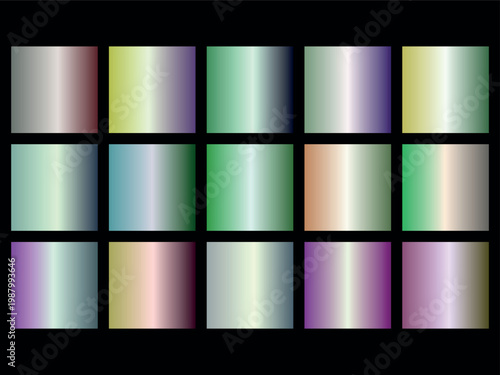 A colorful grid of 16 shiny squares with various gradients and reflections