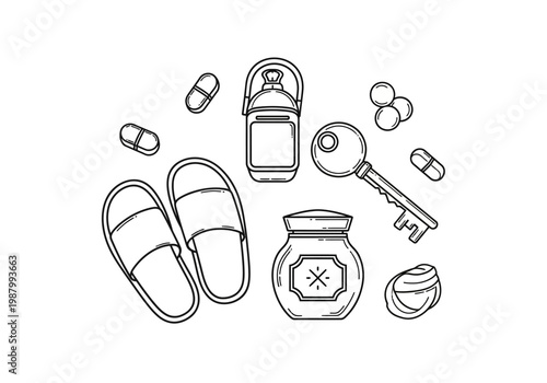 Minimalist Line Art Icon Set Featuring Travel and Daily Essentials Including Slippers, Key, Water Bottle, Jar, and Health Supplements