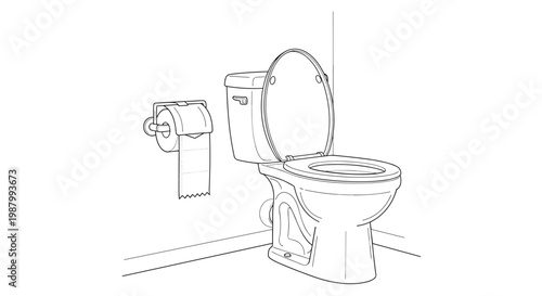 Simple line art drawing of a bathroom corner featuring a toilet with its lid open and a toilet paper holder.