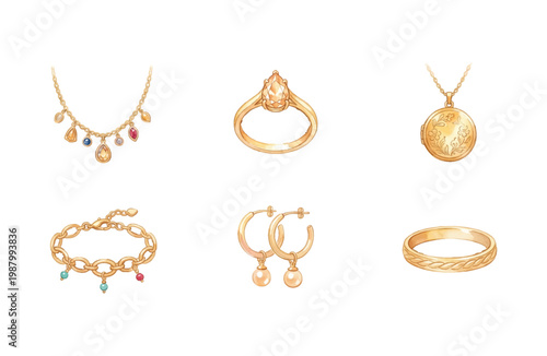 Watercolor Gold Jewelry Icon Set on White Background